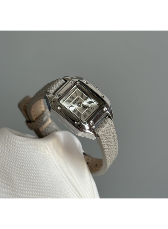 Barsh Retro-style small square watch, suitable for female students - casual quartz watch, gray strap, silver bezel (with watch box) - Image 3