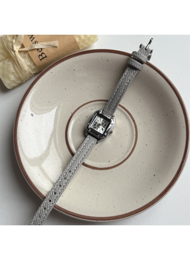 Barsh Retro-style small square watch, suitable for female students - casual quartz watch, gray strap, silver bezel (with watch box) - Image 5