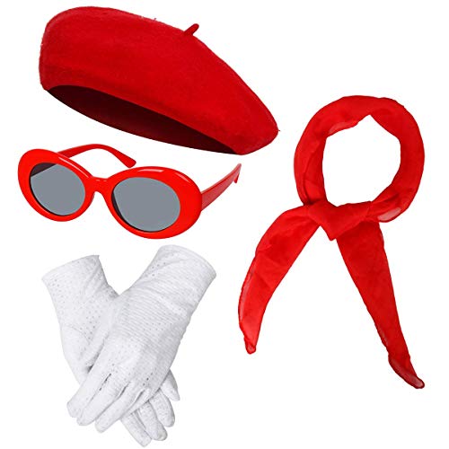 BengPro Women Girls French Themed Party Beret Hat Chiffon Scarf Gloves Retro Oval Sunglasses Fancy Dress Costume accessories Set (Red) - Image 1
