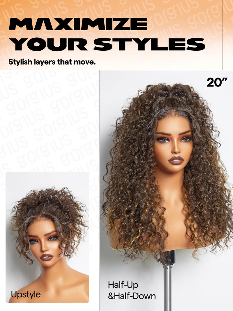 GORGIUS Curly Brown Wig Glueless Highlight Lace Front Wig Pre Plucked Middle Parted Synthetic Wig Upgraded with Premium Human-Hair-Like Fiber 20 Inch - Image 4