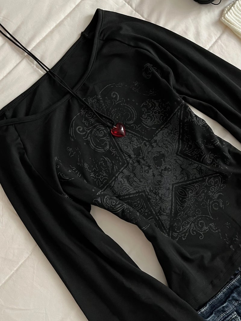 2025 Spring\u002FSummer Printed Long Sleeve T - Shirt - Black / S - Image 5
