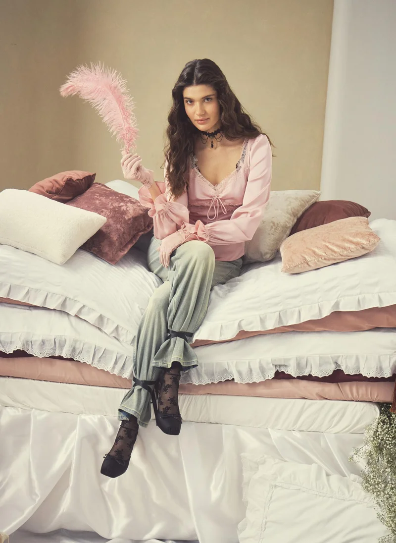 Lichi  Satin blouse with lace trim for Women | Best Price UAE