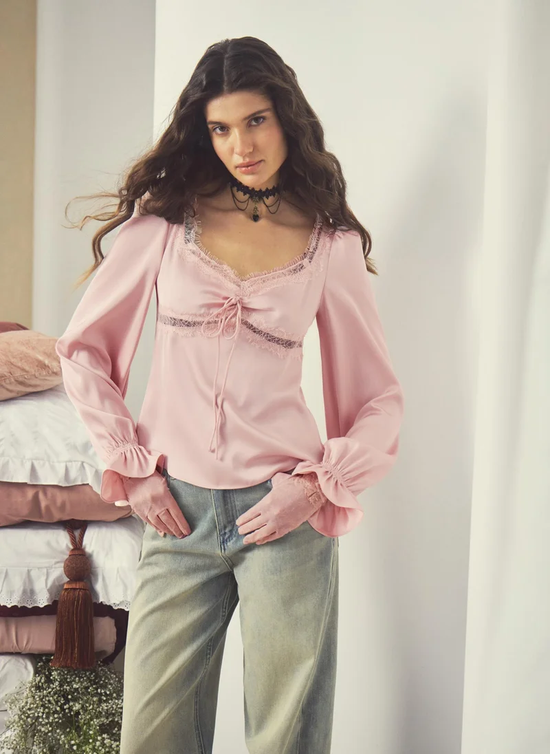 Satin blouse with lace trim