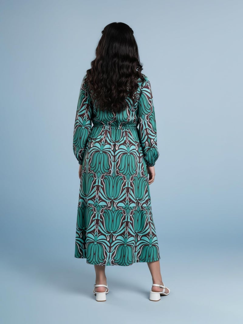 HELLCAT Girls Floral Printed Green Casual Midi Dress for 11-16 Years | Western A-Line Midi Dress for Girls | Girls Stylish Full Sleeve Dress_Green4_11-12 Years - Image 5