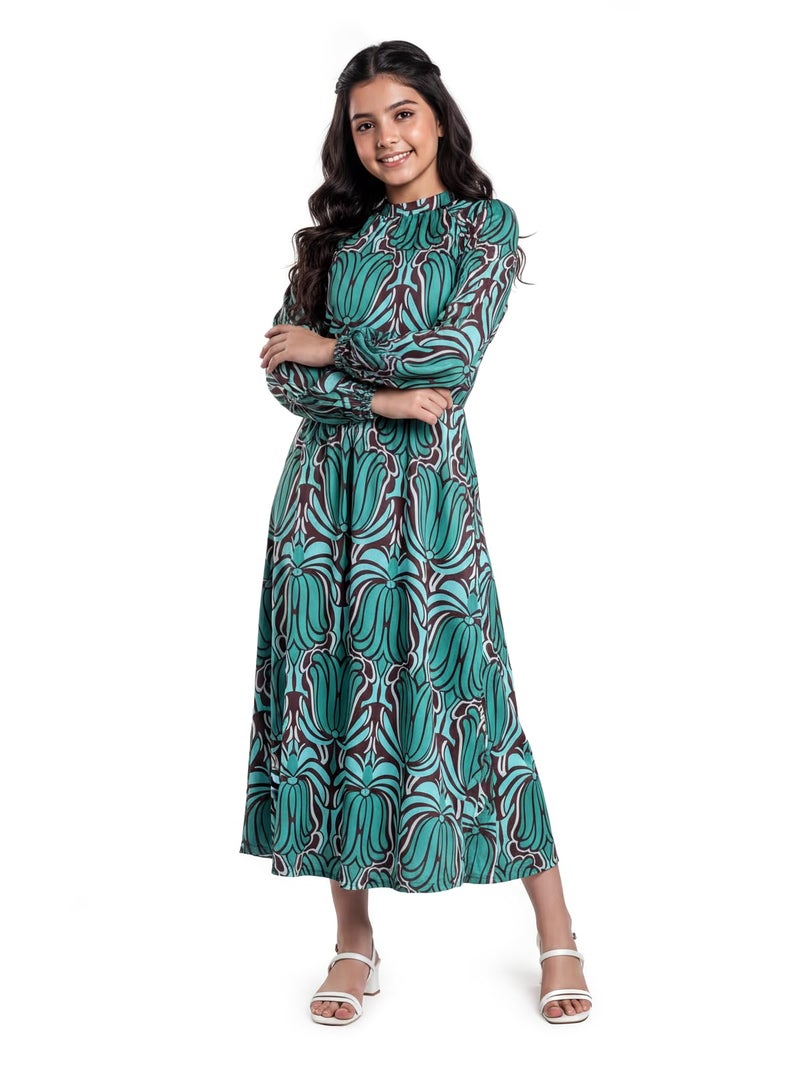 HELLCAT Girls Floral Printed Green Casual Midi Dress for 11-16 Years | Western A-Line Midi Dress for Girls | Girls Stylish Full Sleeve Dress_Green4_11-12 Years - Image 1