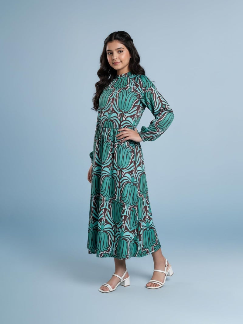 HELLCAT Girls Floral Printed Green Casual Midi Dress for 11-16 Years | Western A-Line Midi Dress for Girls | Girls Stylish Full Sleeve Dress_Green4_11-12 Years - Image 2