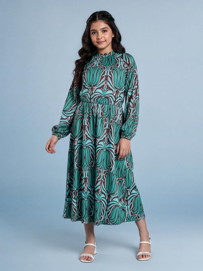 HELLCAT Girls Floral Printed Green Casual Midi Dress for 11-16 Years | Western A-Line Midi Dress for Girls | Girls Stylish Full Sleeve Dress_Green4_11-12 Years - Image 3