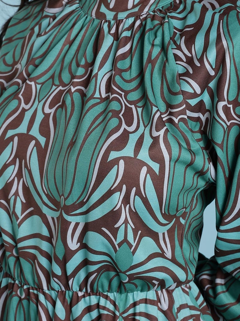 HELLCAT Girls Floral Printed Green Casual Midi Dress for 11-16 Years | Western A-Line Midi Dress for Girls | Girls Stylish Full Sleeve Dress_Green4_11-12 Years - Image 4