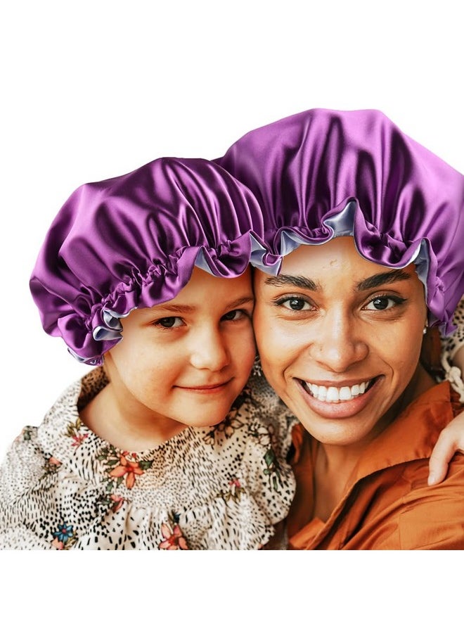 sent hair Ent Hair Mommy And Me Bonnet Set Satin Bonnet Sleep Cap Adjustable Hair Bonnet For Women And Baby Kids Toddler (03 Years Old) Curly Hair Cap Double Layer (Purple/Blue)  - Image 1