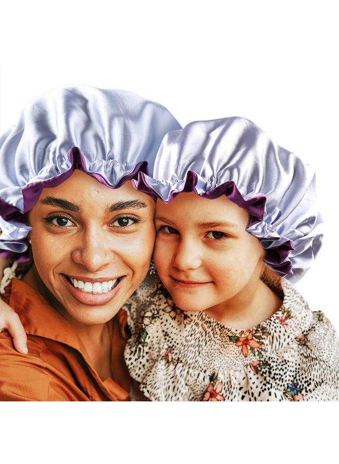 sent hair Ent Hair Mommy And Me Bonnet Set Satin Bonnet Sleep Cap Adjustable Hair Bonnet For Women And Baby Kids Toddler (03 Years Old) Curly Hair Cap Double Layer (Purple/Blue)  - Image 3