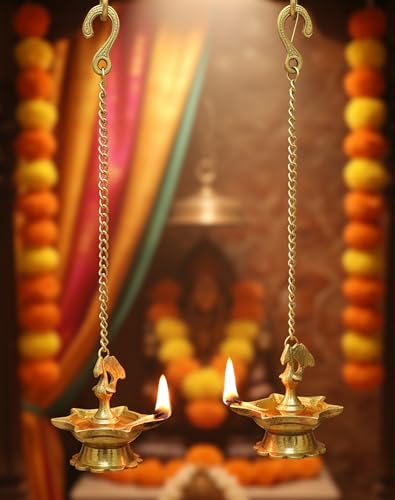 eSplanade Krishna Wall Hanging Brass Diya with Bells Oil Lamp Home Decor Diya Deepak Deepam Peacock Diya Pair - Image 3