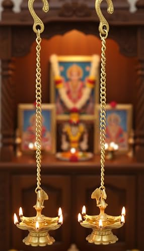 eSplanade Krishna Wall Hanging Brass Diya with Bells Oil Lamp Home Decor Diya Deepak Deepam Peacock Diya Pair - Image 1