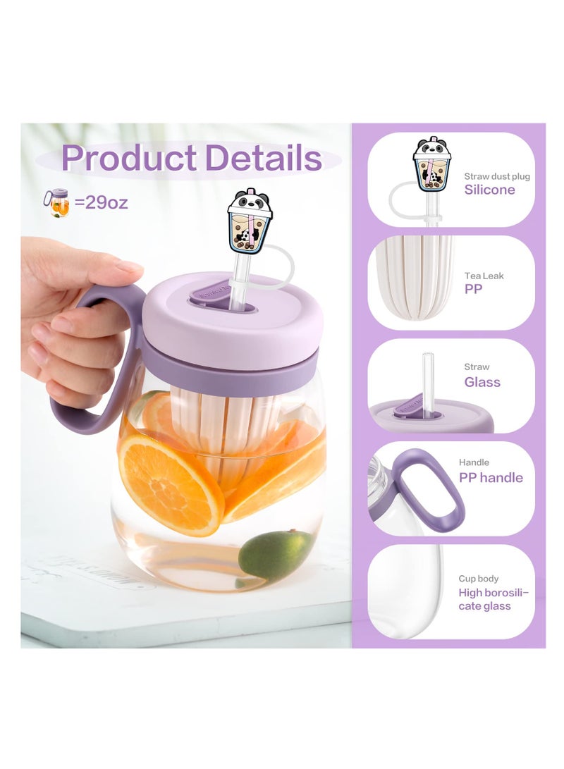KASTWAVE Tumbler with Lid and Straw, 29oz Lced Coffee Cup Reusable, Wide Mouth Smoothie Cup, Glass Water Bottles with Handle, Tea Infuser and Cartoon Straw Cover (Purple) - Image 2