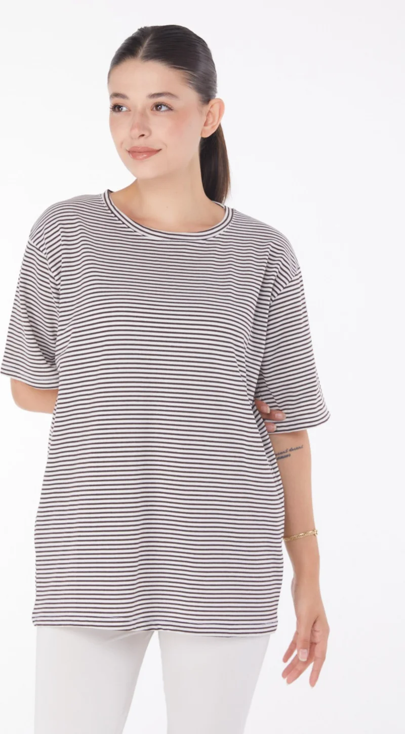 Tofisa Plain Crew Neck Women's Brown Striped T-Short - 25119