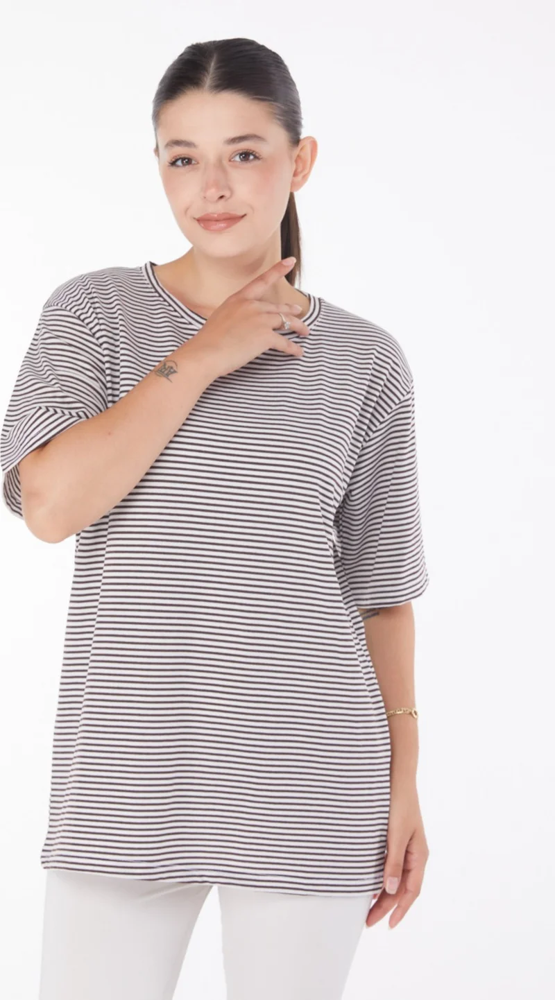 Tofisa Plain Crew Neck Women's Brown Striped T-Short - 25119