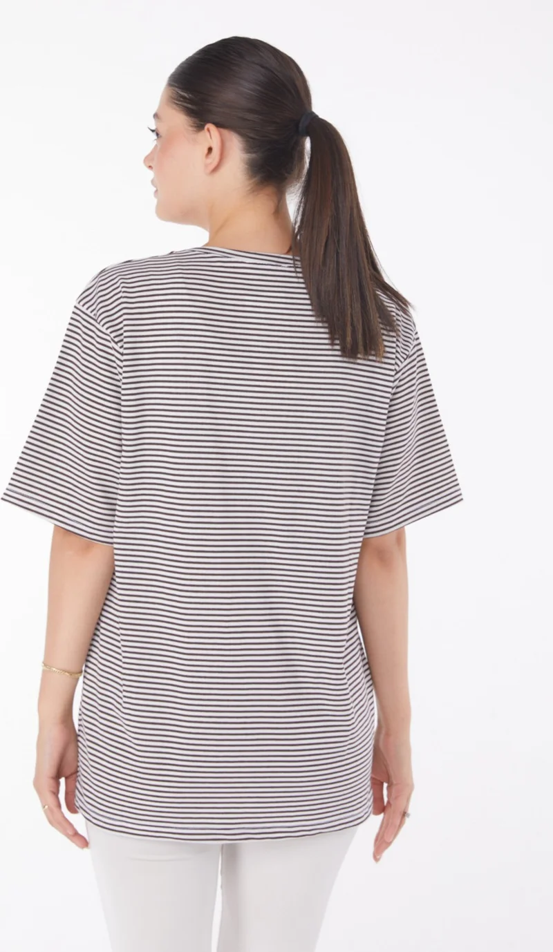 Tofisa Plain Crew Neck Women's Brown Striped T-Short - 25119