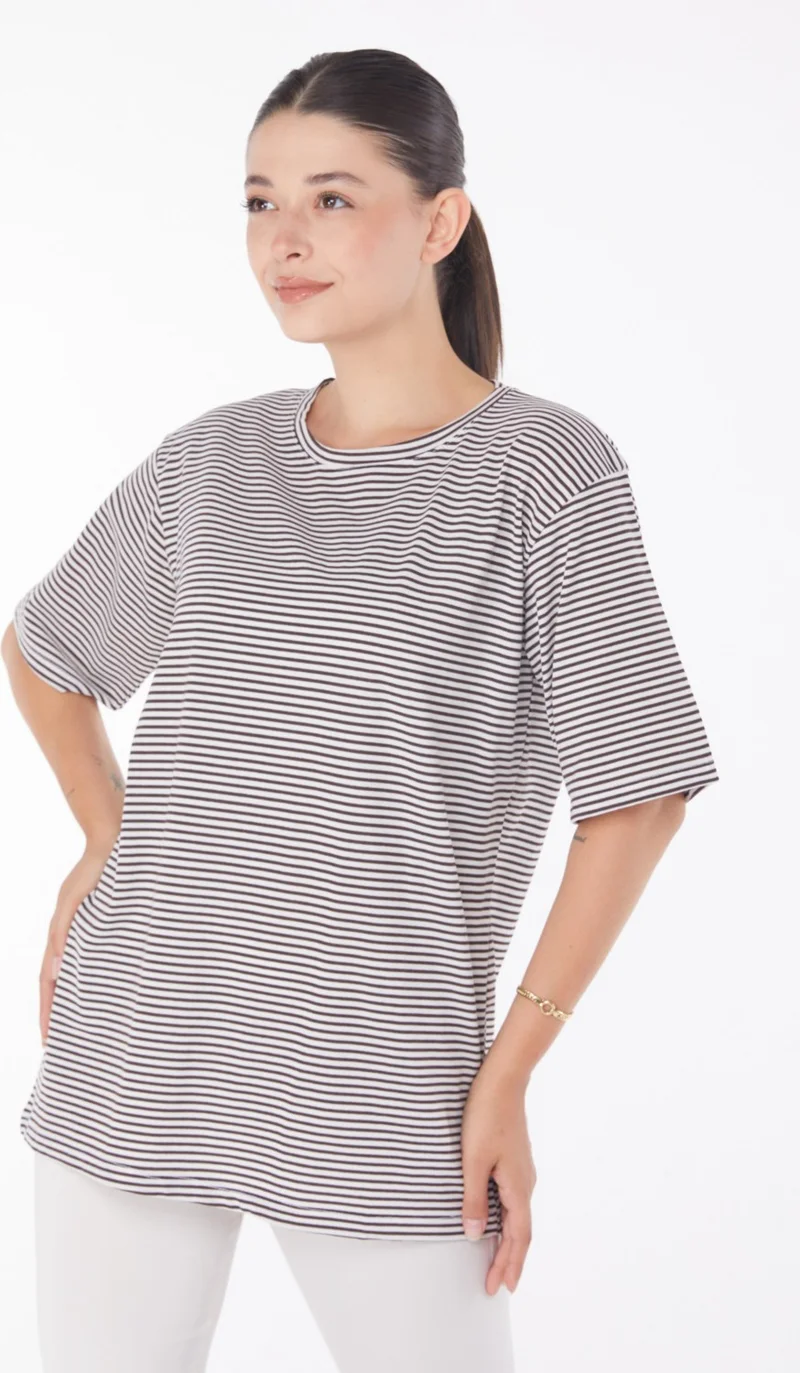 Tofisa Plain Crew Neck Women's Brown Striped T-Short - 25119