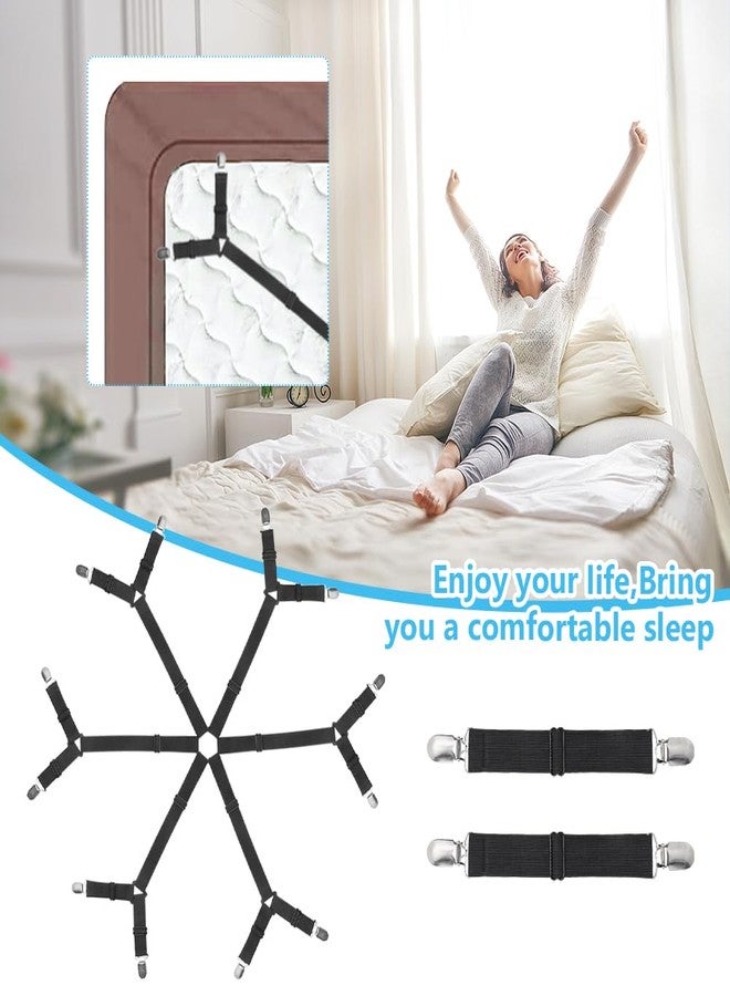 Ranjaner Sheet Fastener Kit with 6 Way Cross Sheet Clips and Non Slip Clip Adjustable Elastic Bed Sheet Holder Straps Fitted Sheet Suspenders Grippers for Round and Square Mattresses(Black) - Image 4