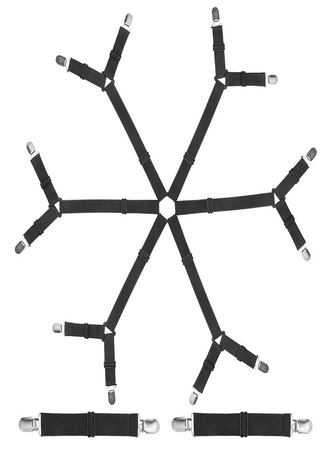 Ranjaner Sheet Fastener Kit with 6 Way Cross Sheet Clips and Non Slip Clip Adjustable Elastic Bed Sheet Holder Straps Fitted Sheet Suspenders Grippers for Round and Square Mattresses(Black) - Image 1
