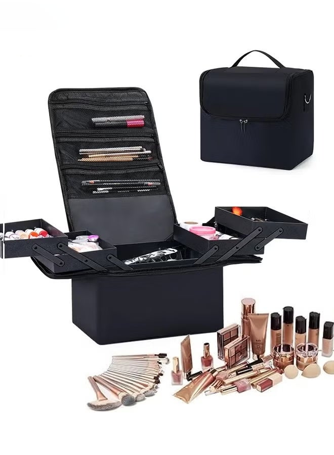 JUMEI Black Makeup Bag, Double  Layer Travel Cosmetic Case, Professional Nail Organizer Case Portable Artist Storage Bag Makeup Travel Train Case Travel Bag Storage Box Makeup Carrying Organizer with Adjustable Dividers for Nail Tools Toiletry Jewelry Makeup Brushes - Image 1