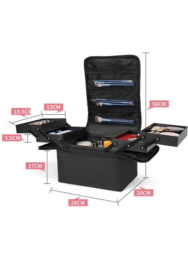 JUMEI Black Makeup Bag, Double  Layer Travel Cosmetic Case, Professional Nail Organizer Case Portable Artist Storage Bag Makeup Travel Train Case Travel Bag Storage Box Makeup Carrying Organizer with Adjustable Dividers for Nail Tools Toiletry Jewelry Makeup Brushes - Image 2