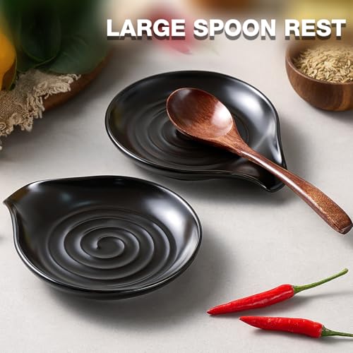 Gencywe Spoon Rest for Stove Top, 6.1" Large Ceramic Spoon Holder for Kitchen Counter Decor, Heat-Resistant Cooking Utensil Rest, Coffee Spoon Holder, Black Kitchen Spoon Rest for Spoon Ladle Spatula - Image 3