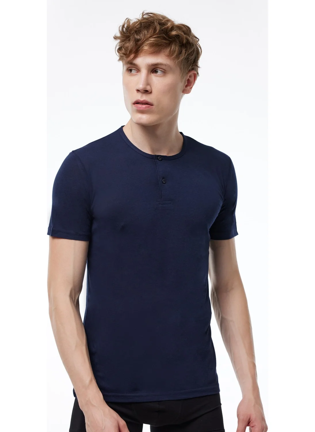 Malabadi Men's Navy Blue Button-down Collar Thin Modal Summer Cool T-shirt 083