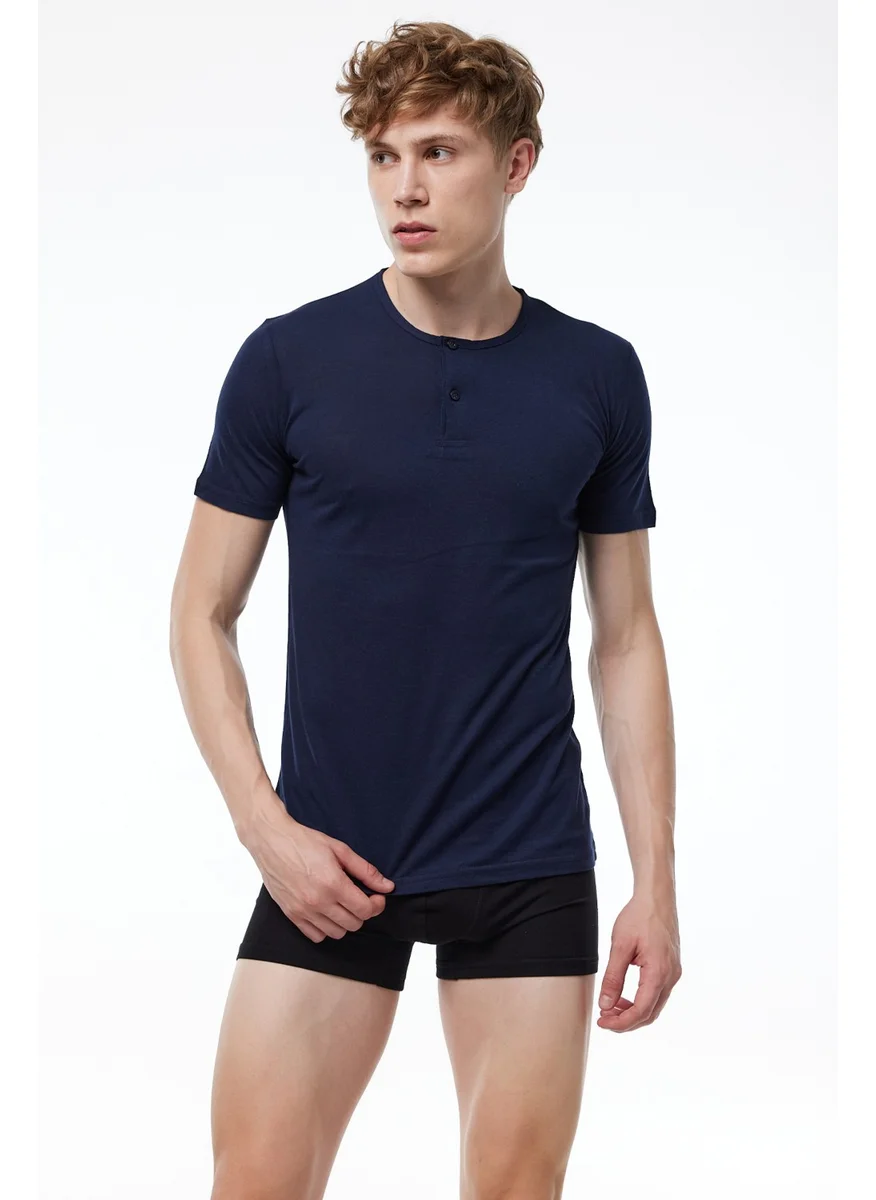 Malabadi Men's Navy Blue Button-down Collar Thin Modal Summer Cool T-shirt 083