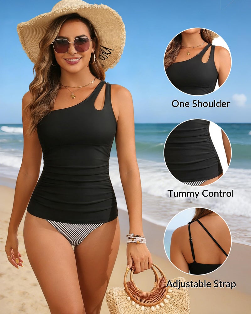 Talisea Tankini Tops for Women Swimwear - One Shoulder Swim Top Only Tummy Control Bathing Suit Top No Bottom 2025 Black Large - Image 4