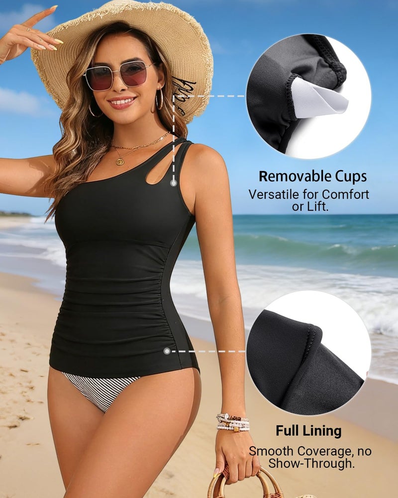 Talisea Tankini Tops for Women Swimwear - One Shoulder Swim Top Only Tummy Control Bathing Suit Top No Bottom 2025 Black Large - Image 5
