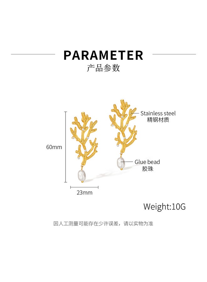 Retro Personality Fashion Earrings Female Temperament Stainless Steel High-Grade Pearl Coral-Shaped Gold-Plated Earrings - Image 2