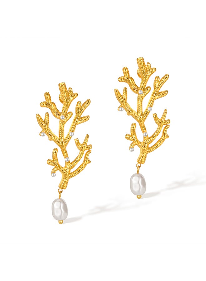Retro Personality Fashion Earrings Female Temperament Stainless Steel High-Grade Pearl Coral-Shaped Gold-Plated Earrings - Image 1