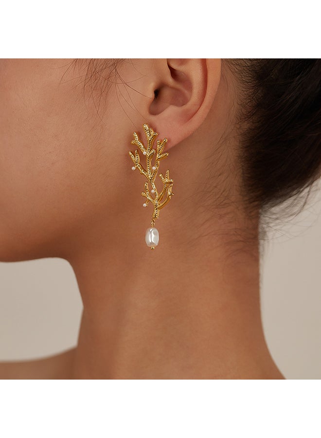 Retro Personality Fashion Earrings Female Temperament Stainless Steel High-Grade Pearl Coral-Shaped Gold-Plated Earrings - Image 3