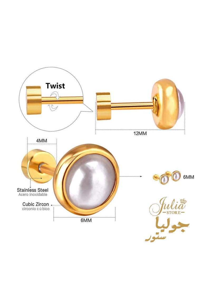 جوليا ستور 18G لؤلؤة برغي الظهر أقراط صغيرة للنساء الفتيات الحد الأدنى 14K مطلية بالذهب الجراحية الصلب الغضروف الزنمة ثقب الأزرار لا تسبب الحساسية للآذان الحساسة هدية عيد الحب من متجر جوليا  - Image 2