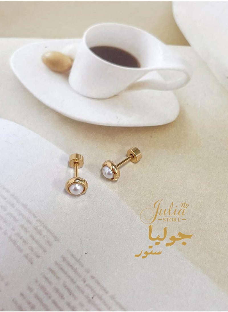 جوليا ستور 18G لؤلؤة برغي الظهر أقراط صغيرة للنساء الفتيات الحد الأدنى 14K مطلية بالذهب الجراحية الصلب الغضروف الزنمة ثقب الأزرار لا تسبب الحساسية للآذان الحساسة هدية عيد الحب من متجر جوليا  - Image 5