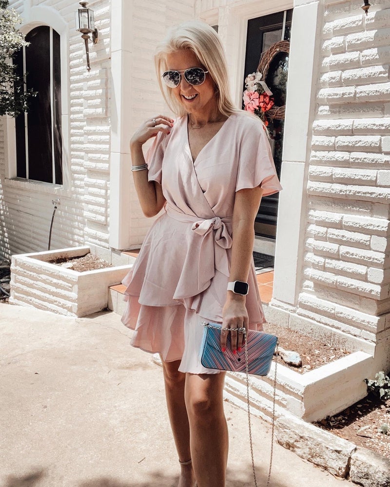 Cosonsen Womens Formal Dresses Short Sleeve Deep V-Neck Tie Waist Cocktail Dress Pink XXL - Image 3
