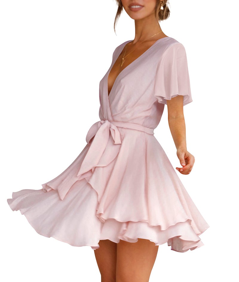 Cosonsen Womens Formal Dresses Short Sleeve Deep V-Neck Tie Waist Cocktail Dress Pink XXL - Image 2