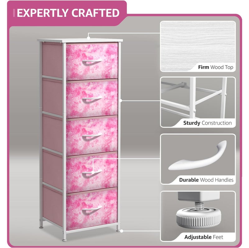 Sorbus Fabric Dresser for Kids Bedroom - Chest of 5 Drawers, Tall Storage Tower, Clothing Organizer, for Closet, for Playroom, for Nursery, Steel Frame, Fabric Bins - Wood Handle (Tie-dye Pink) - Image 3