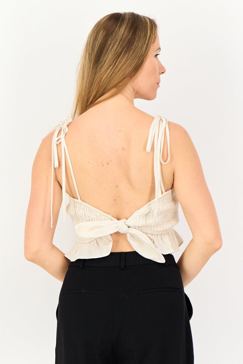 Bershka Women Square Neck Sleeveless Shirred Patter Top, Beige - Image 4