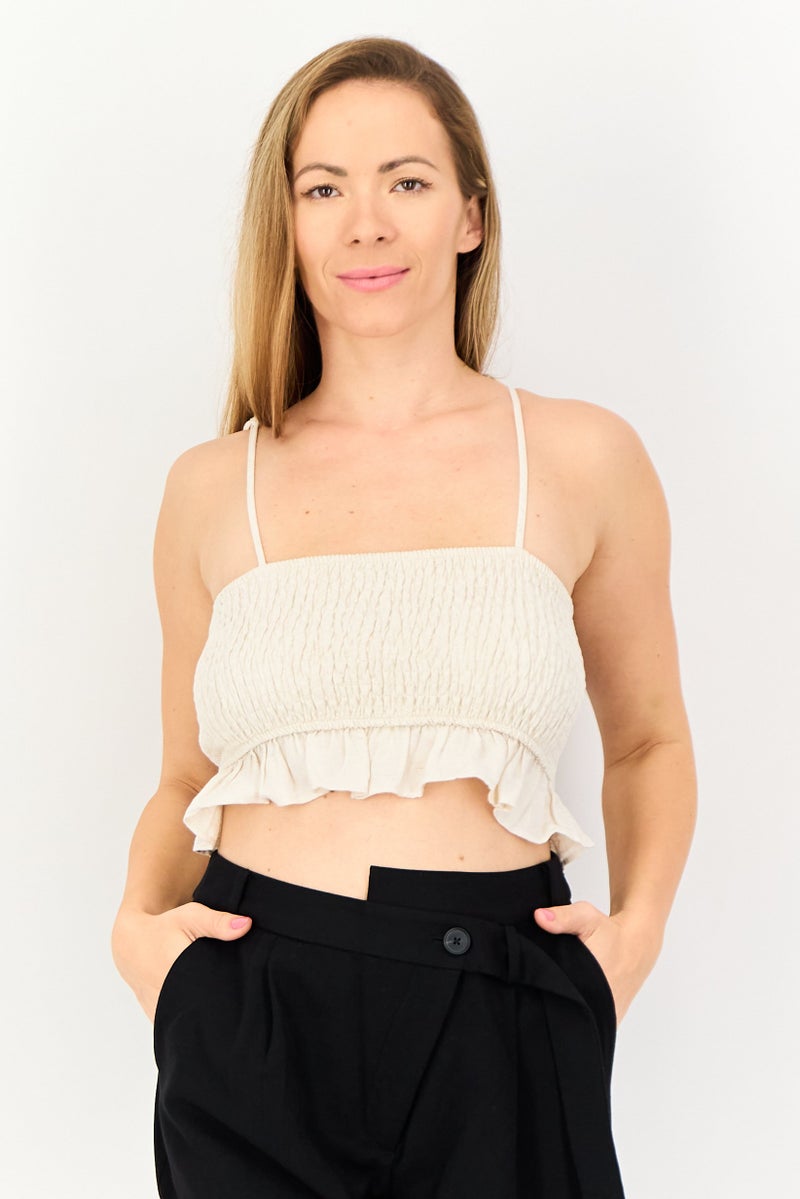 Bershka Women Square Neck Sleeveless Shirred Patter Top, Beige - Image 1