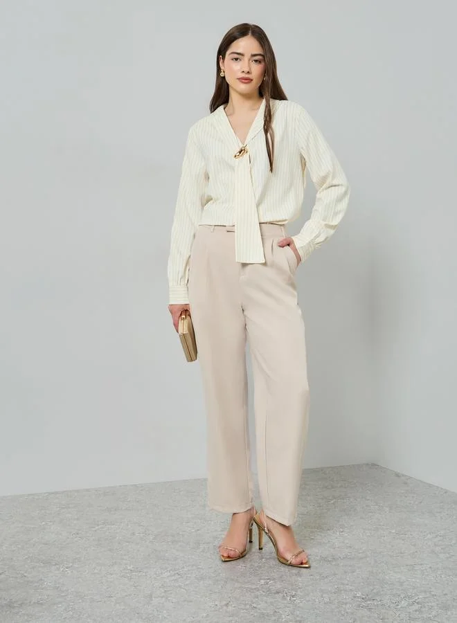 Styli Cream Pinstriped Shirt with Metal Buckle