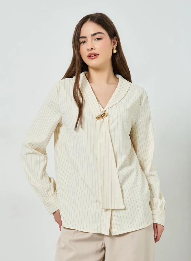 Styli Cream Pinstriped Shirt with Metal Buckle