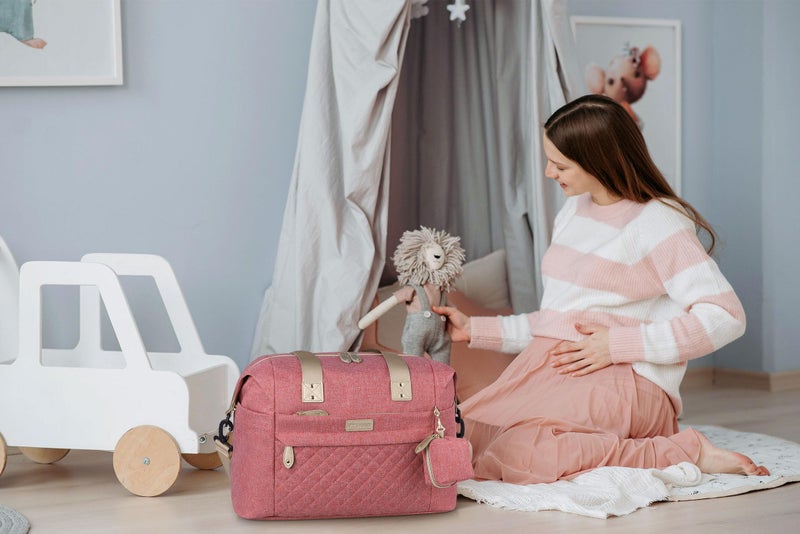 Pritent حقيبة حفاضات بريتينت، حقائب أطفال مع علبة مصاصة، أحزمة كتف، مشابك عربة، حقيبة مائية للأمهات - متوسطة، وردية - Image 2