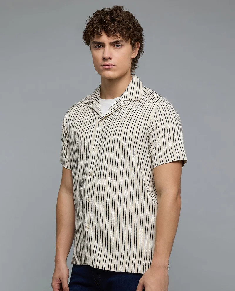 أر أند بي Striped Shirt with Revere Collar and Short Sleeves