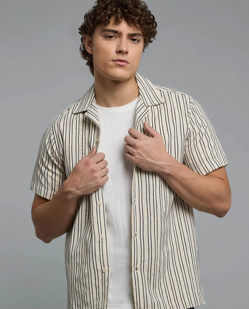 أر أند بي Striped Shirt with Revere Collar and Short Sleeves