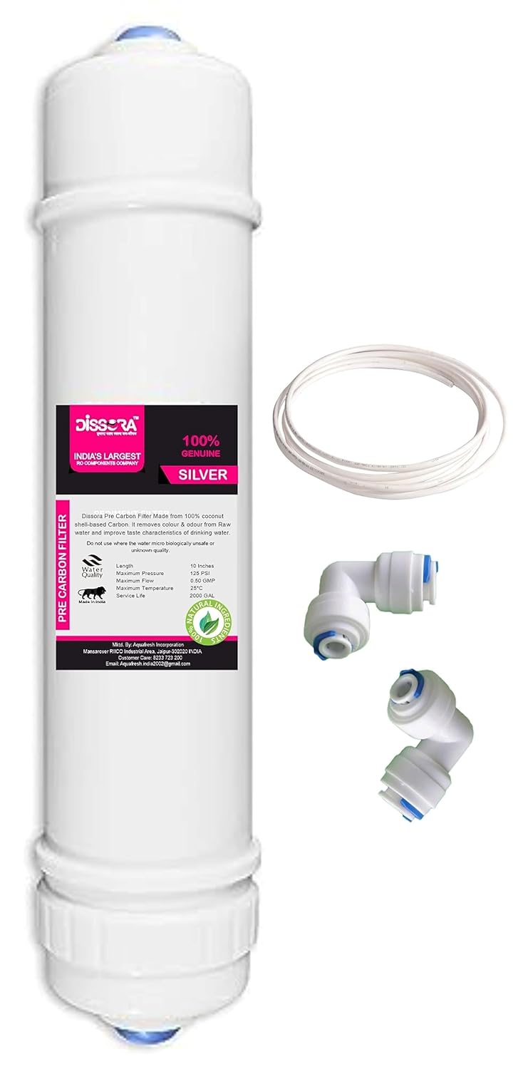 Dissora Silver 10 Inch Inline Pre Carbon Block Filter Cartridge Compatible with All Brands RO UV UF Water Purifier - Image 1