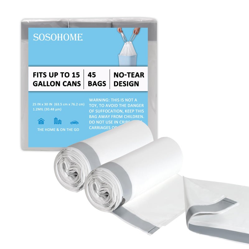 15 Gallon Tall Kitchen Trash Bags Drawstring  12 Mil Thick White Garbage Bag for Office Kitchen 45 Count