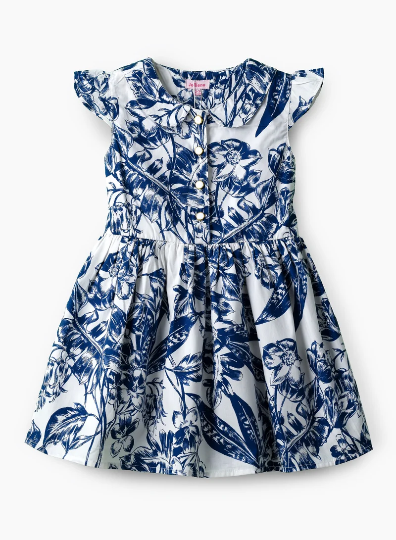 Jelliene Girls Blue Floral Cotton Button Dress
