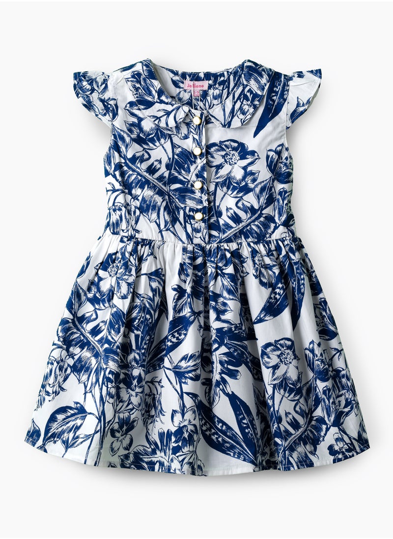 Jelliene Girls Blue Floral Cotton Button Dress  - Image 1