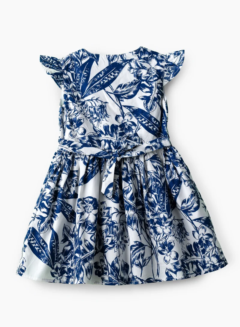 Jelliene Girls Blue Floral Cotton Button Dress